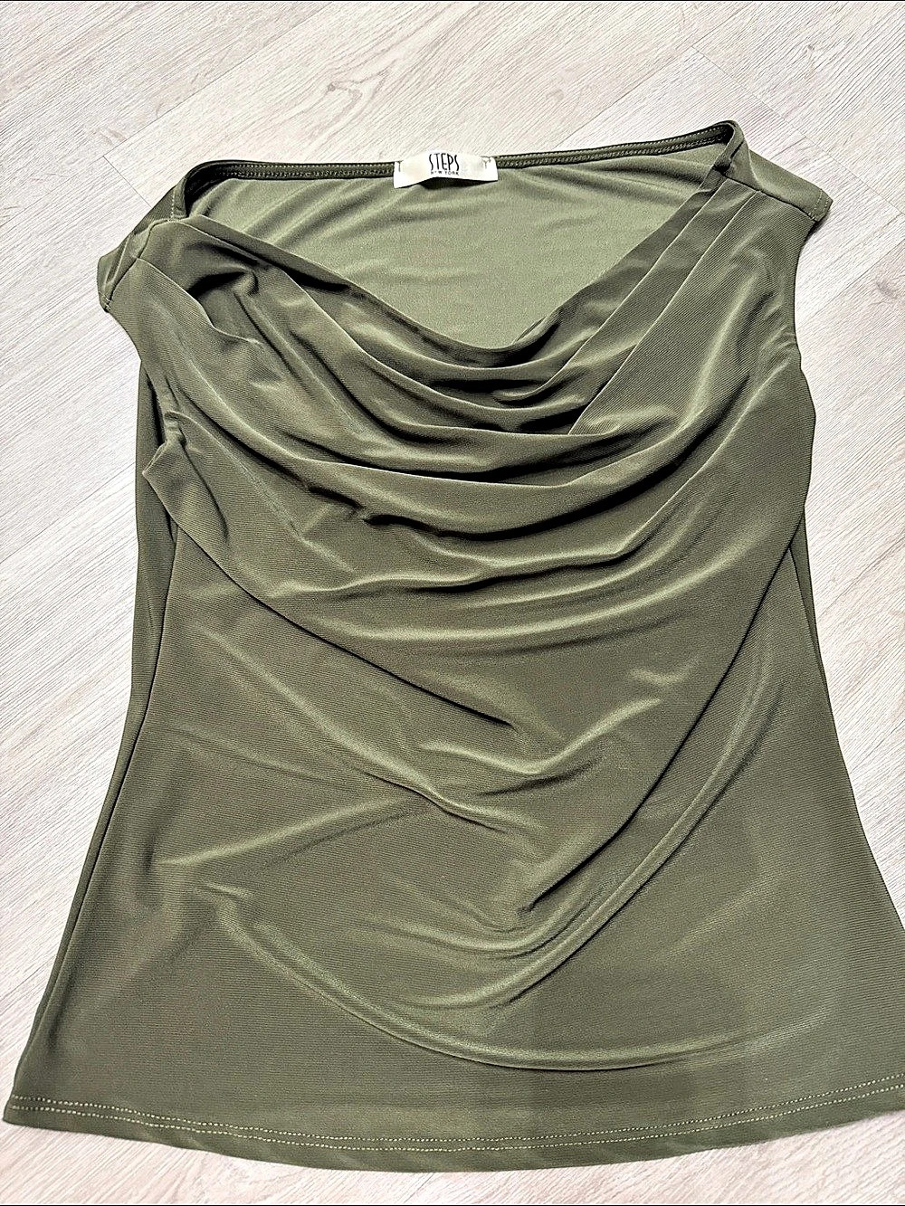 Draped Neck Blouse in Olive Green Like New